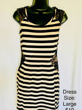 Striped Black and White Lace-Trim Tank Dress